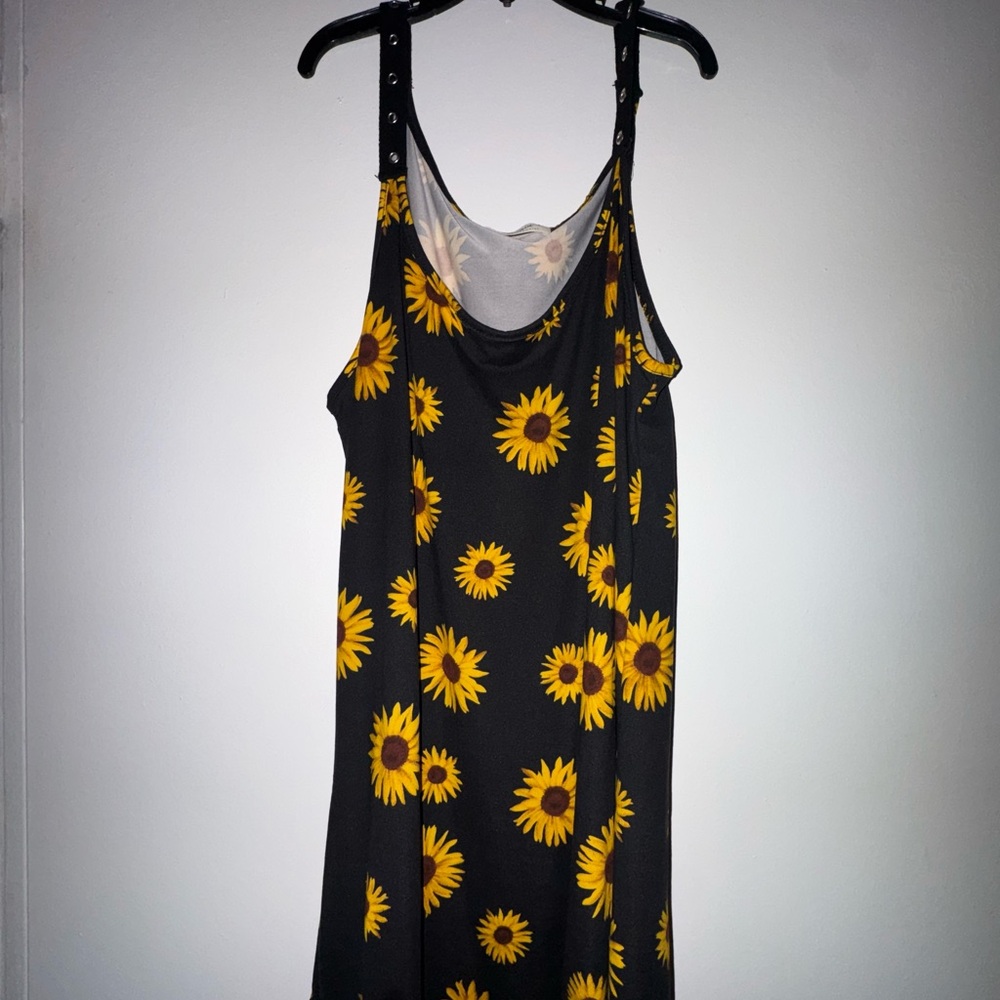 Sunflower Print Black Tank Top with Stud Strap Detail
